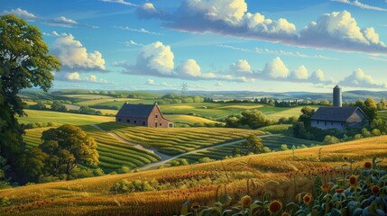 panoramic view of a lush farm landscape, where crops stretch to the horizon and a rustic farmhouse...