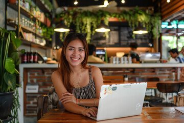 Happy young Asian woman working with laptop in coffee shop. Work from anywhere, lifestyle concept
