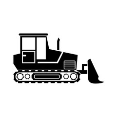 Bulldozer with moving backhoe icon. Silhouettes of vector images. A blank background that can be edited and replaced.
