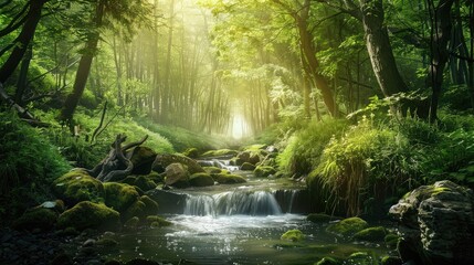 serene forest scene with lush green trees and a flowing stream, promoting the preservation of...