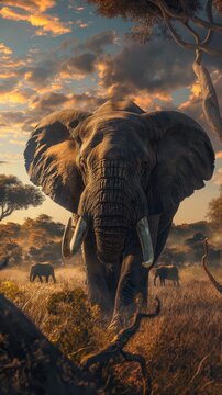 A breathtaking image of an enormous elephant in its natural habitat, outlined against an African sunset