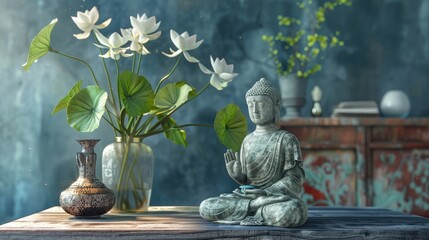 serene meditation space with a Buddha statue and a vase of fresh lotus blossoms, inviting contemplation, mindfulness, and connection to the divine.