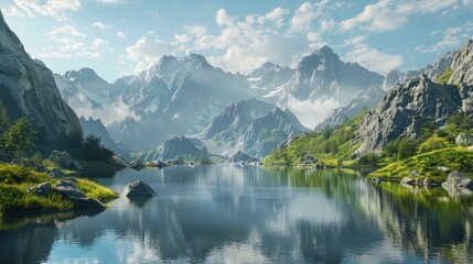 serene mountain lake nestled among towering peaks, reflecting the beauty of the surrounding landscape