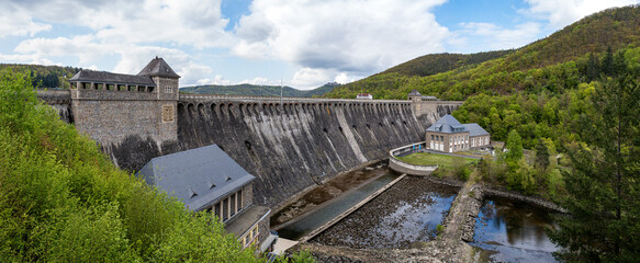 Edersee Dam is a hydroelectric dam spanning the Eder river in Hessen, Germany.  - 791479936
