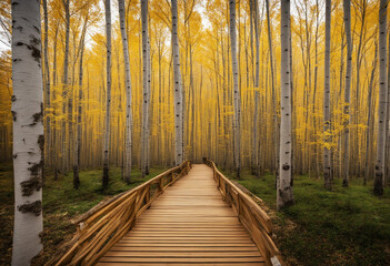Wooden walkway through birch forest in autumn