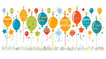 Create a playful illustration for a birthday greeting card, with colorful balloons, confetti, and a birthday cake topped