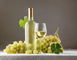 Fototapeta premium Bouteille de vin blanc avec des grappes de raisin sur fond de studio blanc