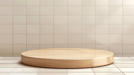 Natural oak platform for luxury beauty product presentations, kitchen interior design accessories, modern beige bathrooms. Modern illustration with tiled background.