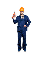 Full size body portrait of handsome attractive repairer in protective hard hat with stubble having...