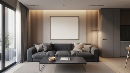 The modern living room embraces simplicity with its sleek slate gray sofa against a backdrop of neutral beige walls, featuring an empty frame poised for artistic expression.