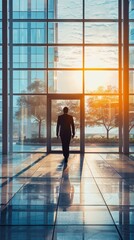 A man in a suit walks into a building with a large window