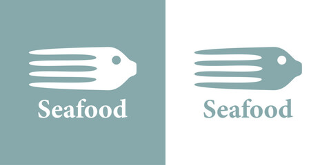 Logo restaurante de mariscos. Palabra Seafood con combinación de silueta de tenedor y cabeza de pescado