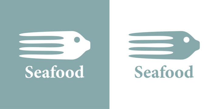 Logo restaurante de mariscos. Palabra Seafood con combinaci&oacute;n de silueta de tenedor y cabeza de pescado
