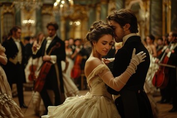 An elegant couple dances closely in a grand ballroom, surrounded by classical musicians.