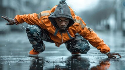 A young urban dancer striking a powerful pose on a rainy street, reflecting athletic fashion and...