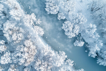 Fototapeta premium A winter wonderland unfolding beneath you from a bird's-eye perspective. A pristine blanket of snow covers the landscape like a soft, glistening quilt, creating a serene and ethereal scene. 