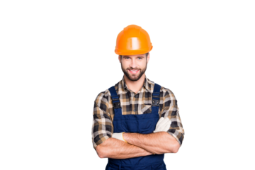 Portrait of cheerful positive repairer in shirt and overall looking at camera isolated on grey background, having arms crossed, isolated on grey background
