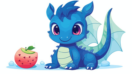 Cute cartoon blue dragon with watermelon. Vector il