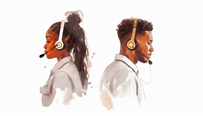 Call Center. Guy and girl in white shirt and blouse with headphones. Watercolor isolated illustration on white background. Counseling and information service.  - obrazy, fototapety, plakaty