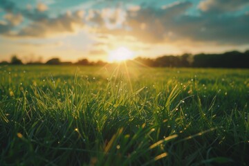 Obraz na płótnie Canvas Beautiful green grass field landscape with blue sky at sunset