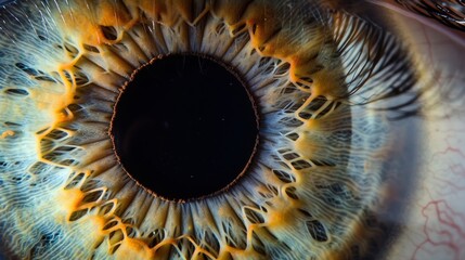 A closeup of an eye with a tiny implant that enhances visual acuity and reduces strain on the eye muscles. .