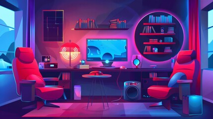 Blogger's studio of computer gaming. Modern cartoon illustration of lounge room with desktop PC, microphone, round led lamp, smartphone for streaming, armchairs, books, and robotic toy on shelf.