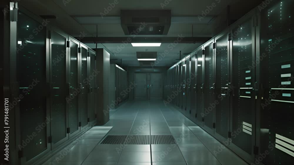 Poster High-Tech Data Center Hallway With Rows of Servers