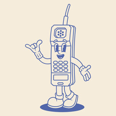 Retro Cell Phone Mascot Illustration Outline Version