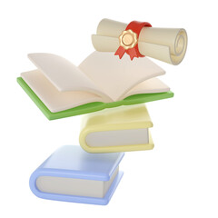 3D flying Books and Diploma scroll graduate Icon. Render Education or Business Literature. E-book, Encyclopedia, Textbook Illustration