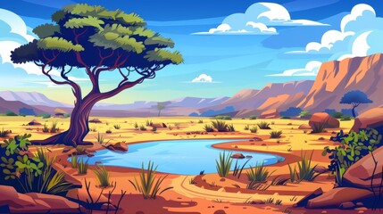 A large acacia tree, water in a lake, and stone mountains in the distance. Africa desert scenery with scenery and road. Cartoon modern illustration of wilderness safari.