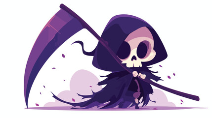 Cute cartoon grim reaper with scythe isolated on wh