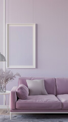 Soft shades of lavender create a tranquil atmosphere in a modern living room, with a comfortable sofa and an empty white frame offering opportunities for personalization.