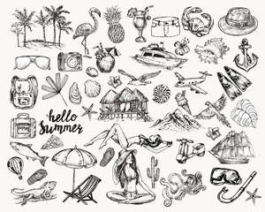 Big collection with summer sketch elements. Hand drawn sketch illustration - 791482702