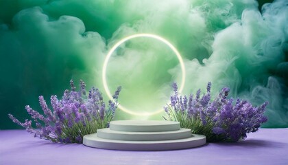 ai generative of lavender with stage, green clouds and smoke, stage