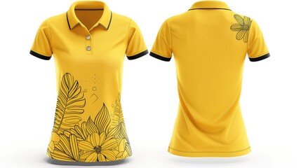 Ladies' Unfinished Yellow Polo Shirt with Front and Back Pattern ,womens yellow polo shirt, front and back view isolated on white on background ,High detailed realistic polo t-shirt for your design
