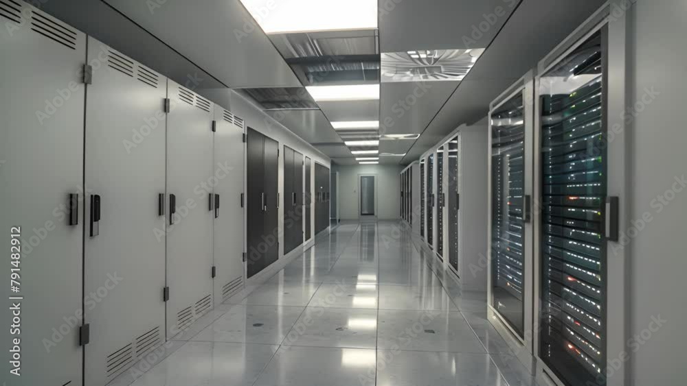 Poster a long hallway with rows of servers