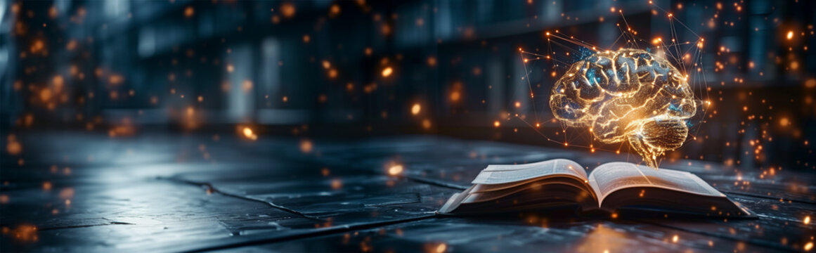 Banner of knowledge, philosophy education with book and human brain. electronic brain is learning from a book. Science, lifestyle, education concept. futuristic glowing style. generative AI