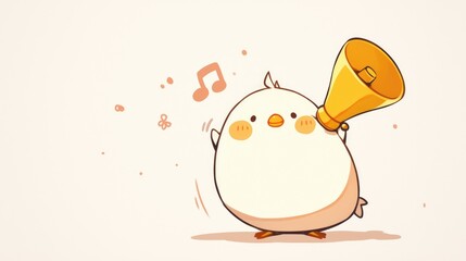A cartoon illustration of a Whistle character is featured ringing a hand bell against a white background - obrazy, fototapety, plakaty