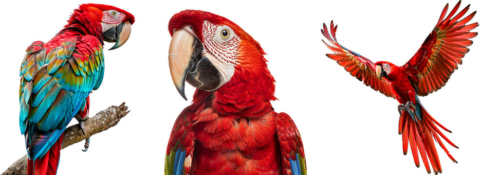 Red macaw parrot collection, sitting on a branch, portrait and flying, isolated on a transparent background