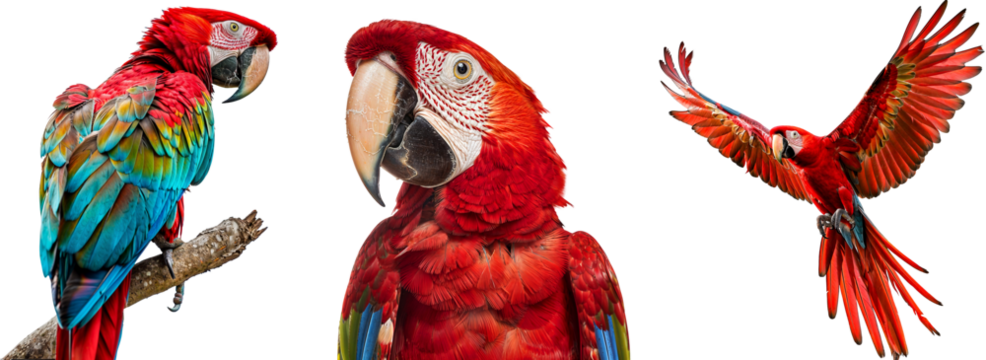 Red macaw parrot collection, sitting on a branch, portrait and flying, isolated on a transparent background