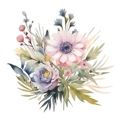 watercolor mountain glade flowers bouquet, wild bouquet - obrazy, fototapety, plakaty