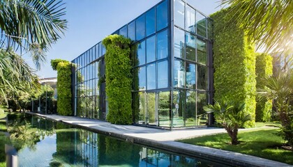Green Oasis: Modern home Sustainable Office Building with Lush Green Walls greenland background - obrazy, fototapety, plakaty