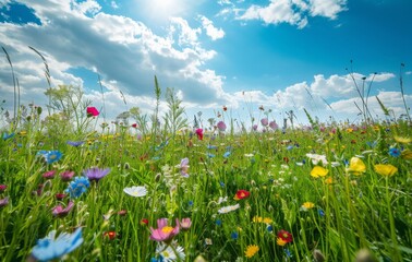 Beautiful field with green grass and colorful wildflowers on blue sky background