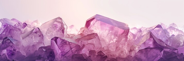 A stunning display of crystal formations tinted in varying shades of purple, emitting a tranquil and elegant vibe