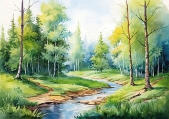 Fototapeta na wymiar watercolor illustration of a beautiful spring day in gthe forest