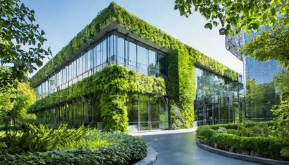 Green Oasis: Modern home Sustainable Office Building with Lush Green Walls greenland background - obrazy, fototapety, plakaty