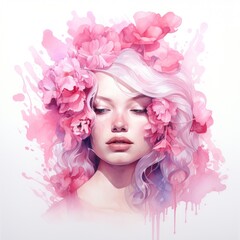 watercolor illustration pink hair woman