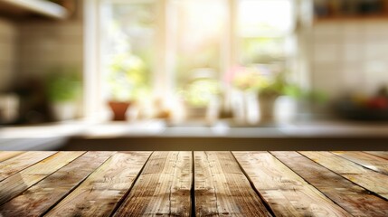 montage product display or design layout mockup with wood tabletop on blurred kitchen background