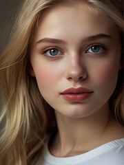 Fototapeta premium gorgeous picture of 1blonde 18 years old russian girl, beautiful big striking blue eyes, delicate black eyebrows, rosy cheeks, red lips, smiling face very white skin, long wavy black hair cascading 