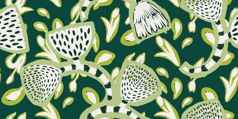 Naklejka premium Modern artistic hand drawn flowers print. Unique botanical collage seamless pattern. 
